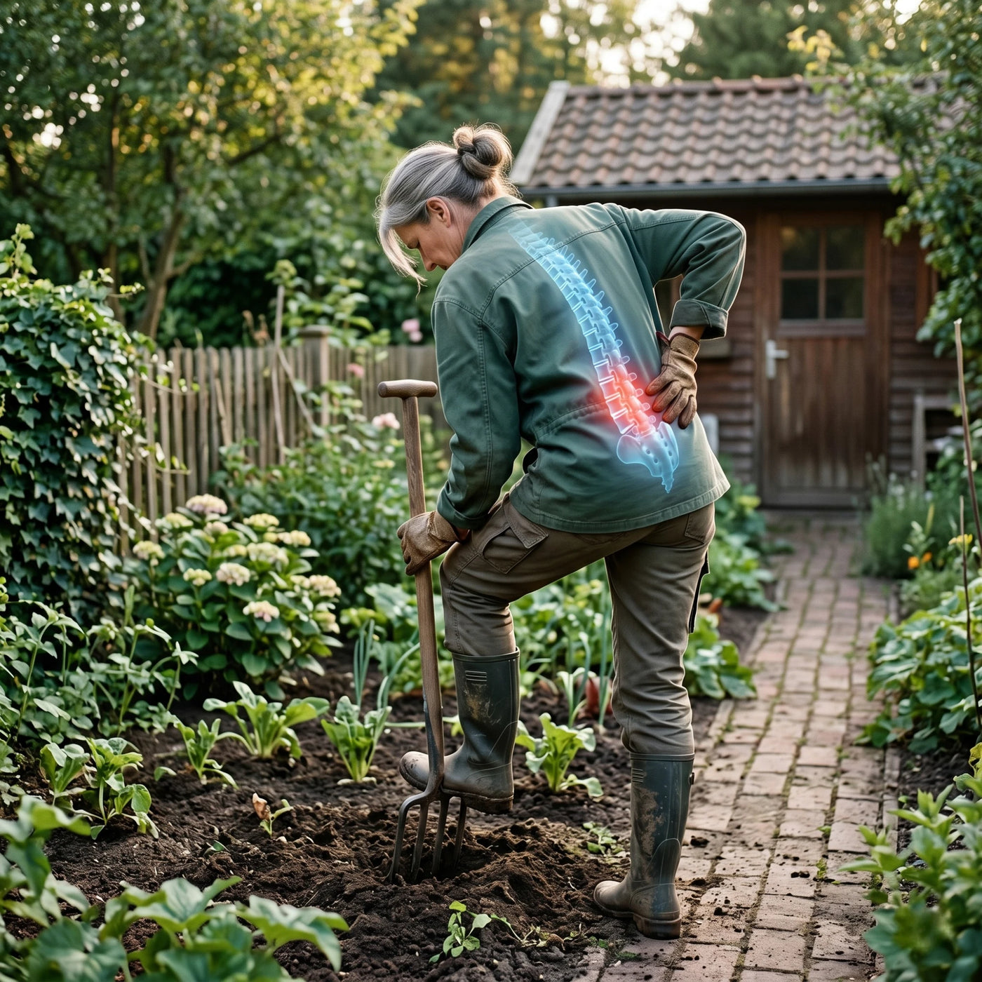 Hobbygärtner mit Rückenschmerzen nach der Gartenarbeit