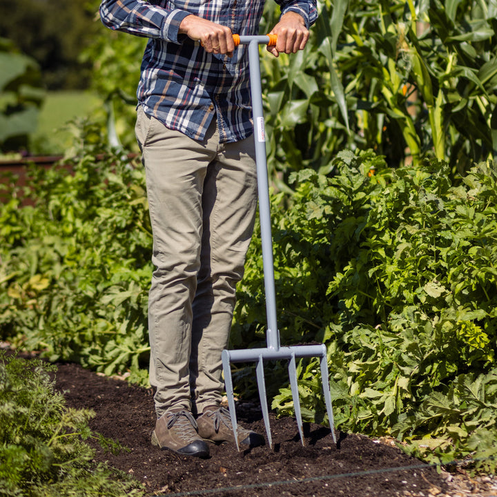 Broadfork 4x250 TERRADIX in Beet in die Luft hebend mit Mann 