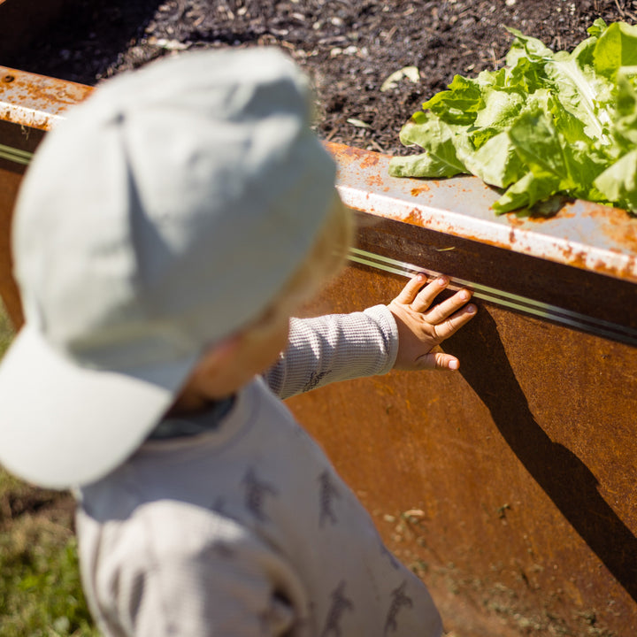 TERRADIX Snailfence Kind berührt Zaunband am Hochbeet