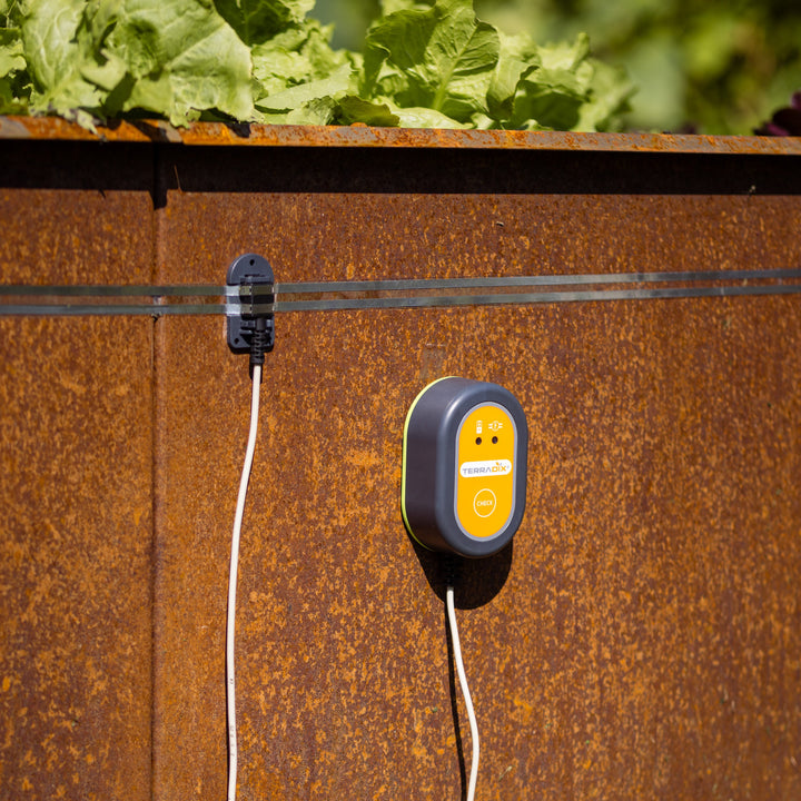 TERRADIX Snailstop Genertor mit Anschlussclip und Zaunband auf Edelrost Hochbeet